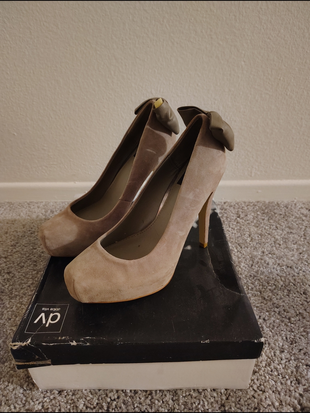 DV by Dolce Vita Taupe Suede High Heel Pumps with Bow Accent